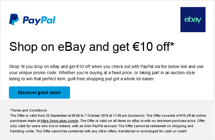 ebay ireland discount code €10 euro off voucher code coupon code